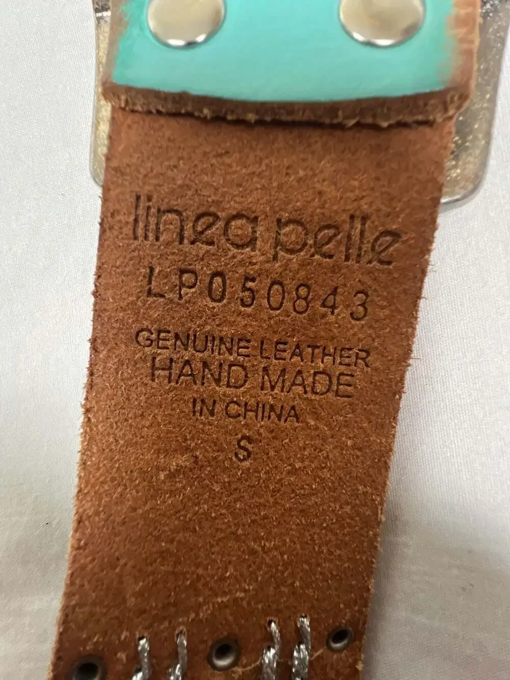 Linea Pelle Genuine Leather Belt in Aqua with Silver Studs + Brass Buckle